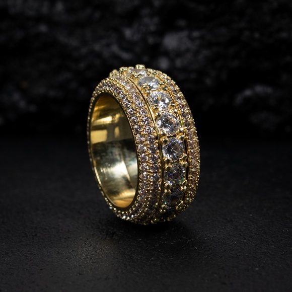 Men's Gold Plated Iced Cz Pointer Hip Hop Elegant 5 Layered Eternity Ring - Picture 1 of 6